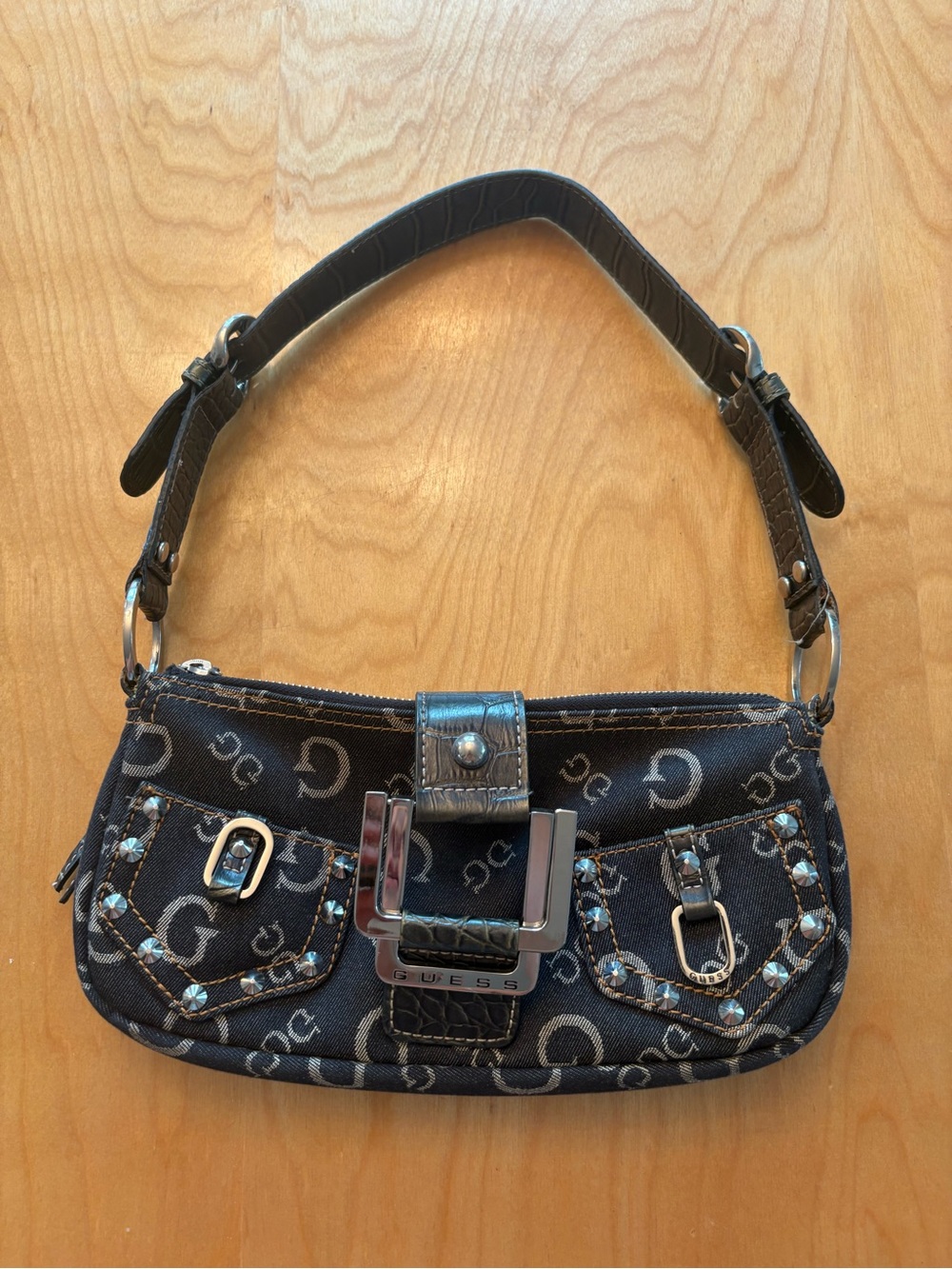 Vintage Y2K GUESS Black Denim Monogram Studded Baguette Shoulder Bag